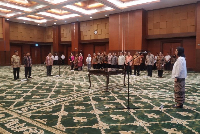 Suasana pelantikan jajaran direksi Badan Pengelola  Dana Perkebunan Kelapa Sawit (BPDPKS) di Gedung Kemenkeu, Jakarta, Senin (2/3).