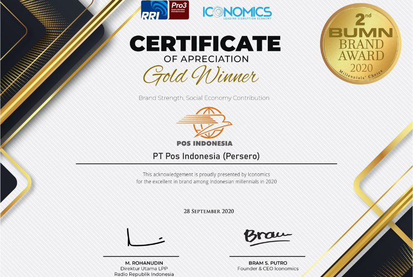 PT Pos Indonesia (Persero) meraih penghargaan “Brand Srtengh, Social Economy Contribution” dari pagelaran BUMN Brand Award 2020 “Millenial’s Choice” yang diselenggarakan oleh Iconomics dan Radio Republik Indonesia (RRI) dengan predikat “Gold Winner”.