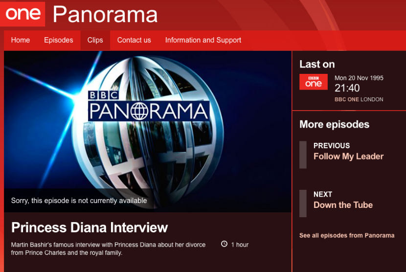 Rekaman wawancara BBC 1 Panorama dengan Putri Diana tak lagi bisa diakses.