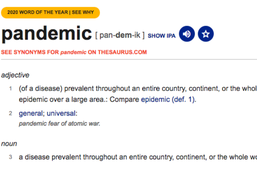 Pandemic menjadi Word of the Year 2020 menurut Dictionary.com dan Merriam-Webster.