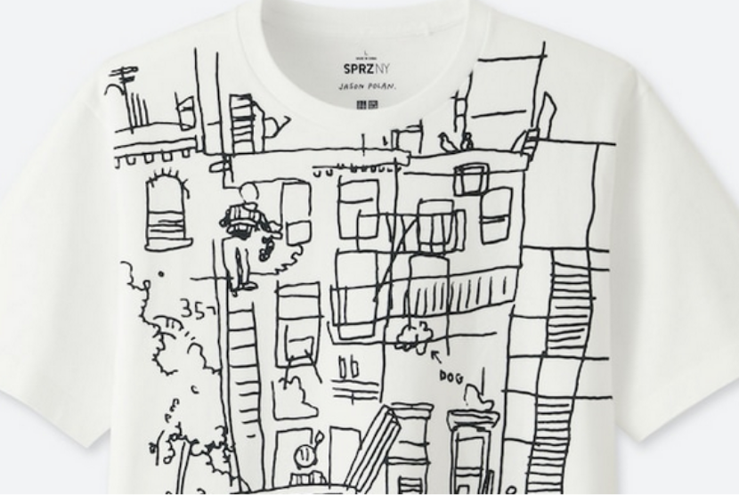 Uniqlo T-shirt yang menampilkan karya seniman mendiang Jason Polan.
