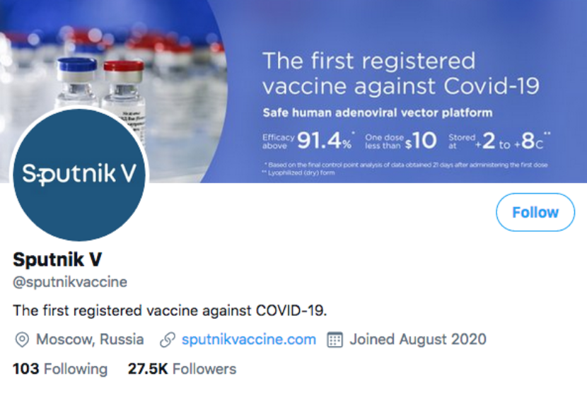 Akun Twitter Sputnik V mempromosikan vaksin Covid-19 yang dikembangkan Rusia.
