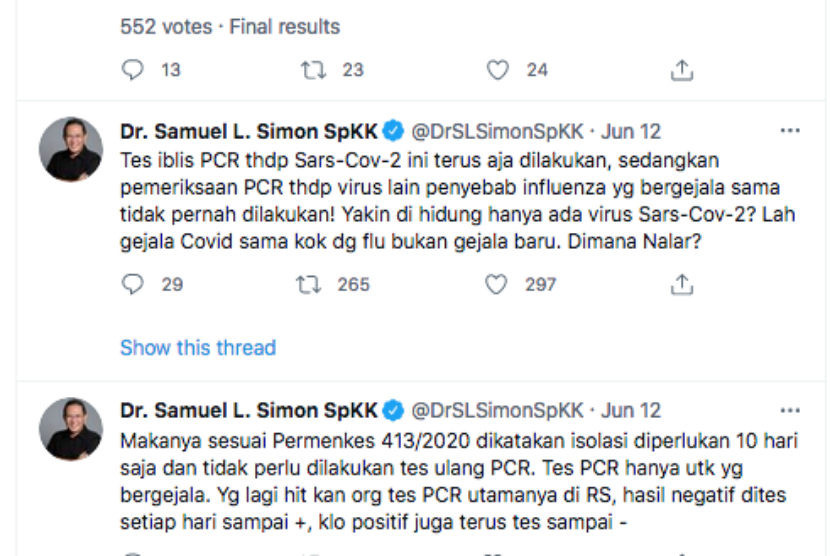 Cicitan dr Samuel L Simon SpKK di Twitter yang menyebut tes PCR sebagai tes iblis. 