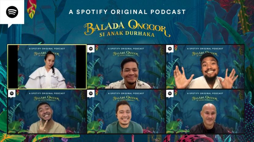 Podkesmas, Ananda Omesh, Angga ‘Nggok’, Imam Darto, and Surya ‘Insomnia’ Dini, memperkenalkan podcast drama audio original Spotify berjudul Balada Onggok Si Anak Durhaka, Kamis (2/9). 