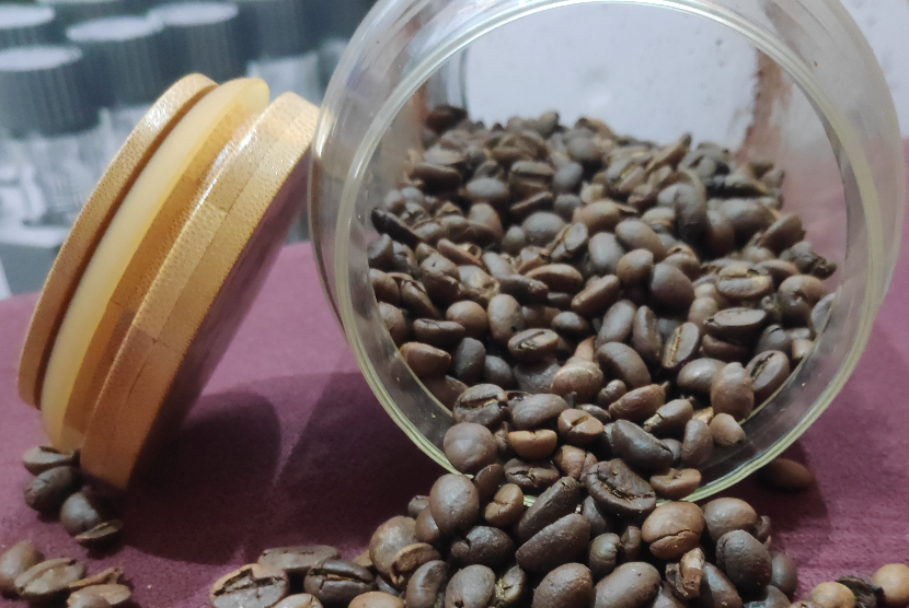 Biji kopi. KBRI Mesir memberi apresiasi Primaduta untuk importir kopi Nusantara di Mesir, Haggag Co.