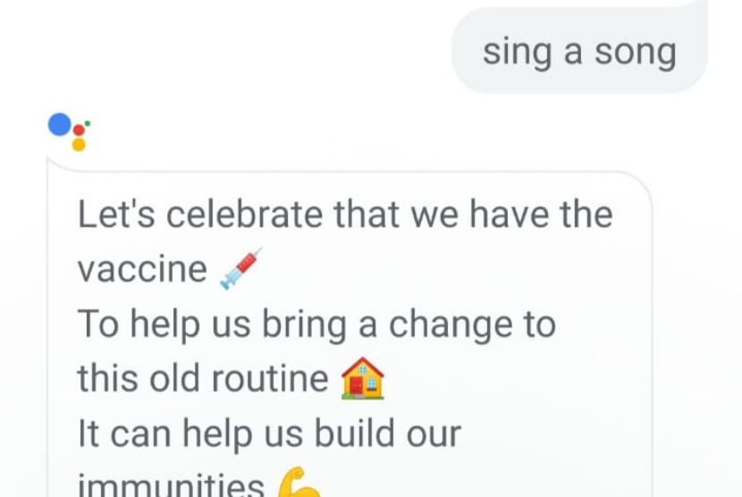 Google Assistant memutarkan lagu tentang vaksin ketika diminta Sing A Song (nyanyikan sebuah lagu).