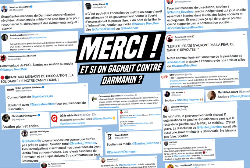 Akun Twitter Nantes Revoltee mengunggah dukungan yang diperoleh dari sejumlah orang, baik dari pembaca, wartawan independen, hingga asosiasi. 