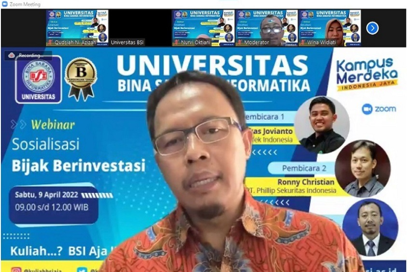 Program studi (prodi) Manajemen Universitas BSI (Bina Sarana Informatika), mengadakan webinar sosialisasi bijak berinvestasi, yang digelar secara daring pada Sabtu (9/4/2022).