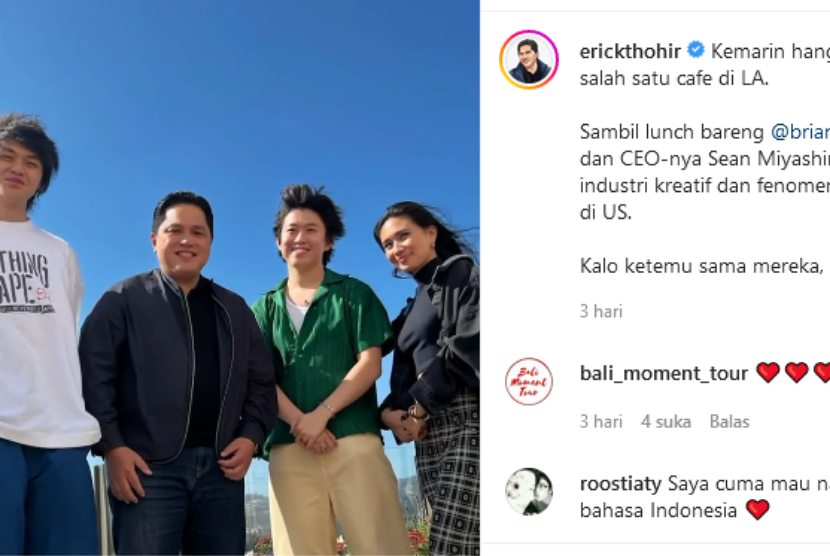 Menteri BUMN Erick Thohir hang out bareng tiga musisi internasional asal Indonesia yakni Rich Brian, Warren Hue, dan Niki Zefanya. 