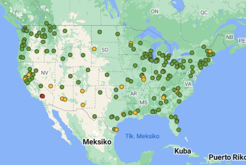 Tangkapan layar menunjukkan titik kualitas udara di Amerika Serikat.
