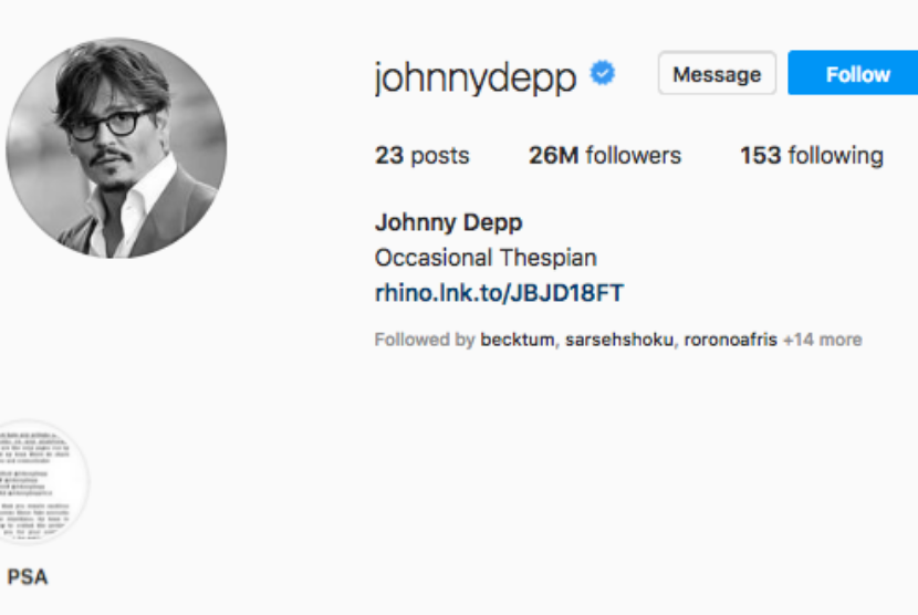Akun Instagram resmi Johnny Depp. Belakangan, makin banyak akun palsu yang memakai nama Depp.