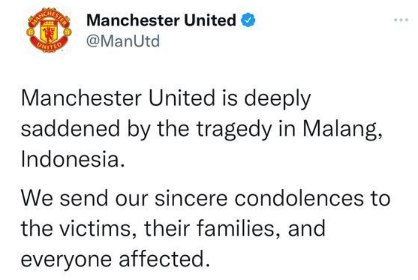 Manchester United menyampaikan duka cita atas tragedi Kanjuruhan, Malang, Jawa Timur.