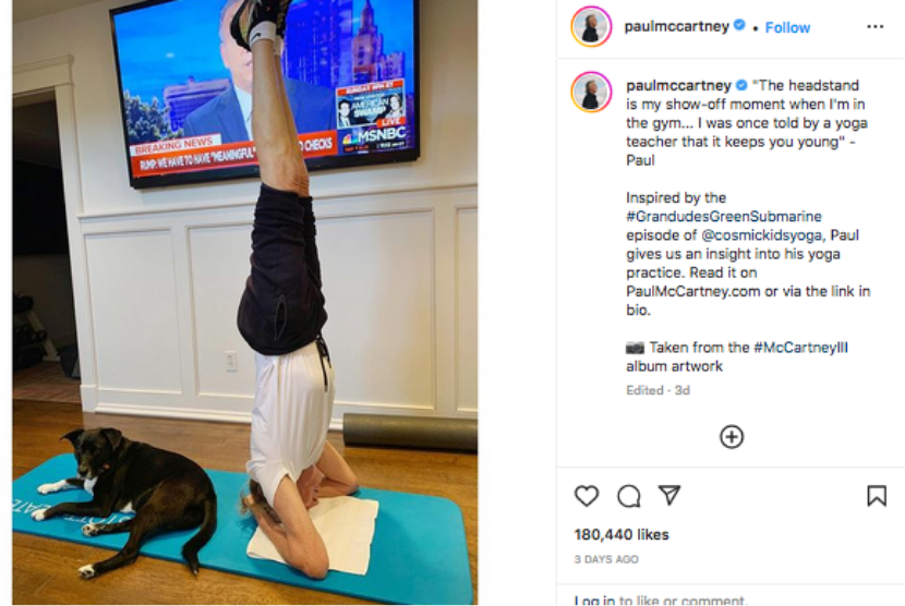 Lewat unggahannya di Instagram, musisi Paul McCartney memperlihatkan kemampuannya untuk melakukan headstand.