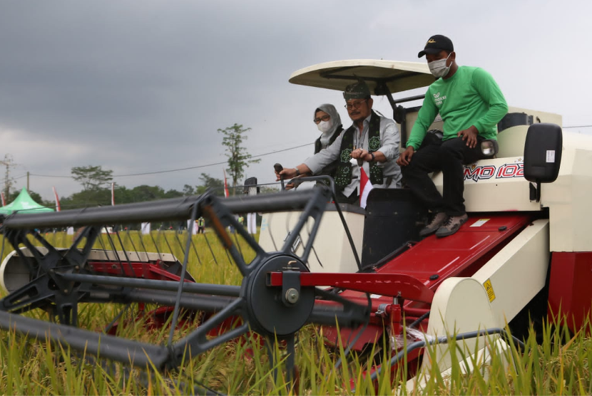 Menteri Pertanian Syahrul Yasin Limpo (Mentan SYL) bersama Bupati Blitar, Rini Syarifah melakukan panen padi aplikasi Biosaka di Desa Tegalrejo, Kecamatan Selopuro, Kabupaten Blitar seluas 57 ha dengan produktivitas 8,9 ton per hektar (ha) gabah kering panen (GKP), Kamis (10/11/2022).