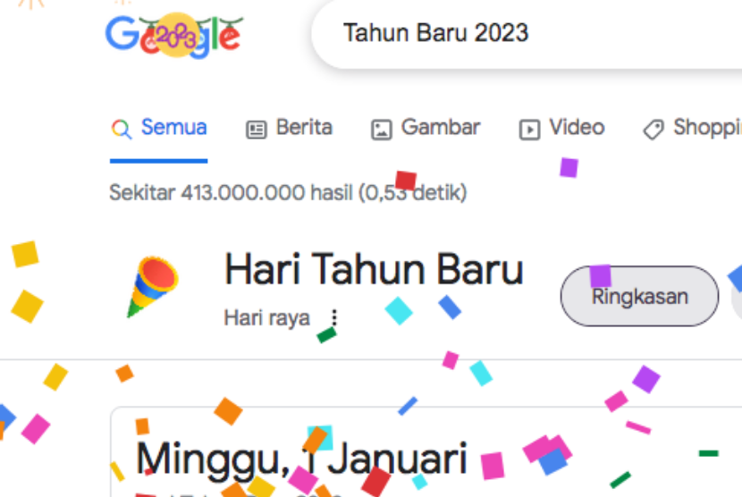 Tampilan Google pada 1 Januari 2023. Hiasan confetti tampak di layar.