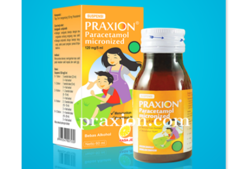 Praxion buatan Pharos Indonesia. Obat sirop yang mengandung parasetamol ini ditarik sementara dari peredaran karena terkait dengan kasus baru gagal ginjal akut pada anak.