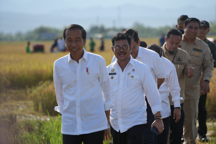 Menteri Pertanian (Mentan) Syahrul Yasin Limpo (SYL) mendampingi Presiden Joko Widodo (Jokowi) meninjau panen raya padi di Kelurahan Baji Pamai, Kecamatan Maros Kota, Kabupaten Maros, Sulawesi Selatan. 