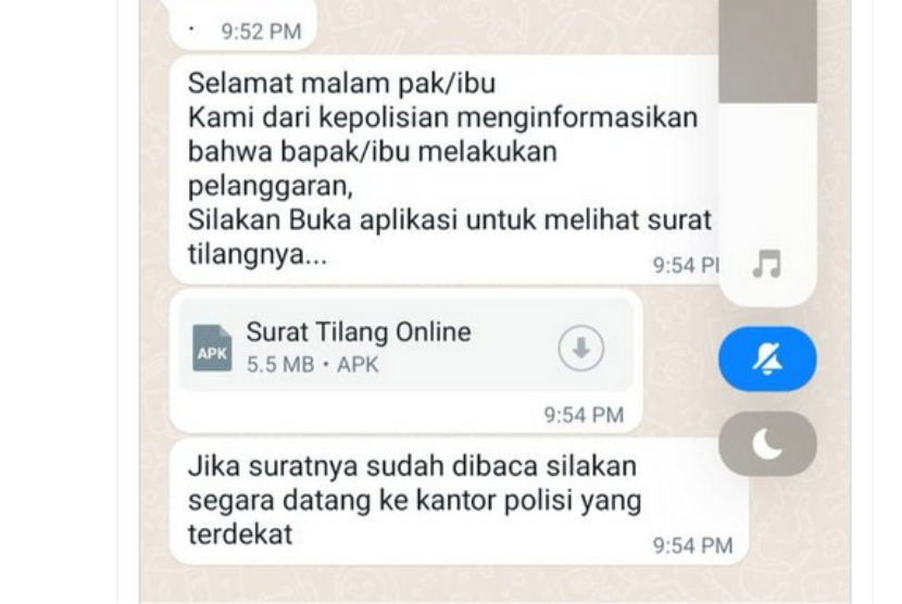 Pemerhati penerbangan Alvin Lie membagikan tangkapan layar penipuan dengan modus mengirimkan surat tilang melalui WhatsApp.