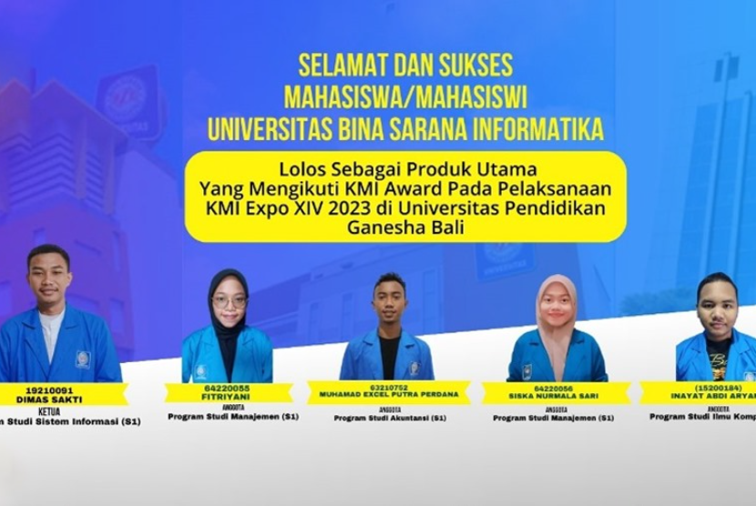  Kelompok usaha mahasiswa Kampus Digital Kreatif Universitas BSI (Bina Sarana Informatika) berhasil menorehkan prestasi dalam ajang KMI Expo XIV 2023. 