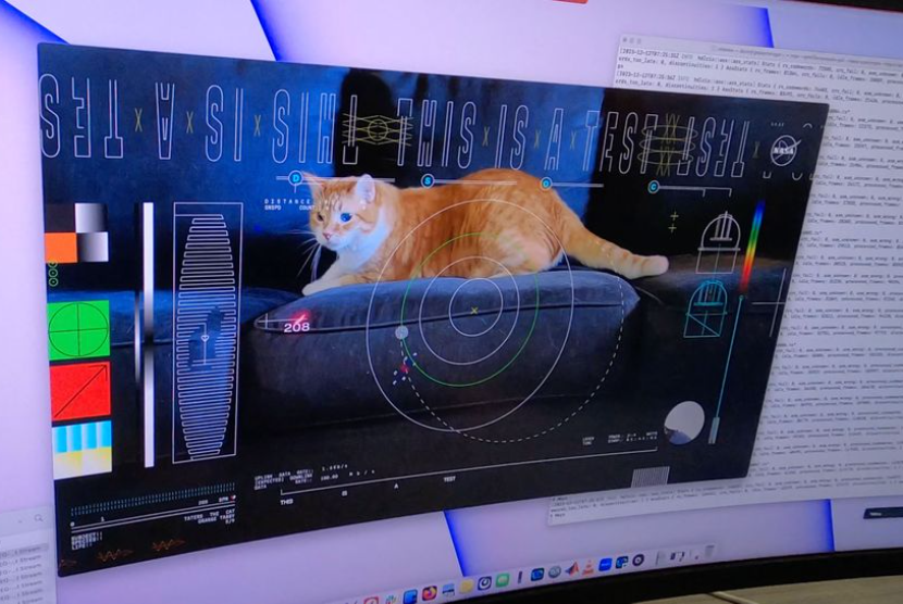 Layar komputer di area pendukung misi menunjukkan Taters si kucing dalam gambar diam dari video streaming definisi tinggi pertama yang dikirim melalui laser dari luar angkasa, serta aliran data masuk yang mengirimkan bingkai dari video tersebut.