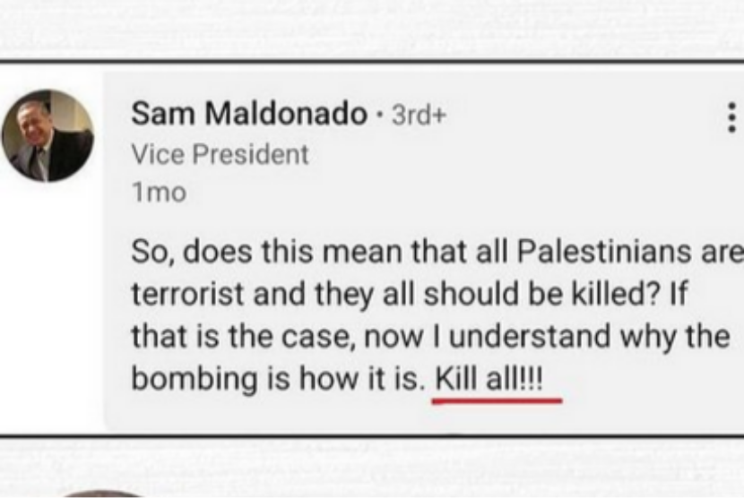 Tangkapan layar unggahan akun LinkedIn milik Sam Maldonado, eks vice president Johnson & Johnson, tentang genosida di Palestina.
