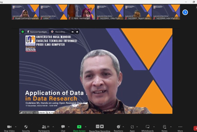 Program Studi (prodi) Magister Ilmu Komputer Kampus Digital Bisnis Universitas Nusa Mandiri (UNM) sukses menggelar “Webinar Application of Data Mining in Research”, pada Ahad (17/12/2023). 