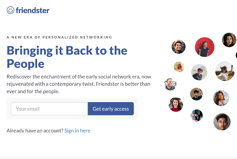 Tangkapan layar website Friendster. Calon pengguna Friendster perlu masuk dalam waiting list untuk bisa memiliki akun.