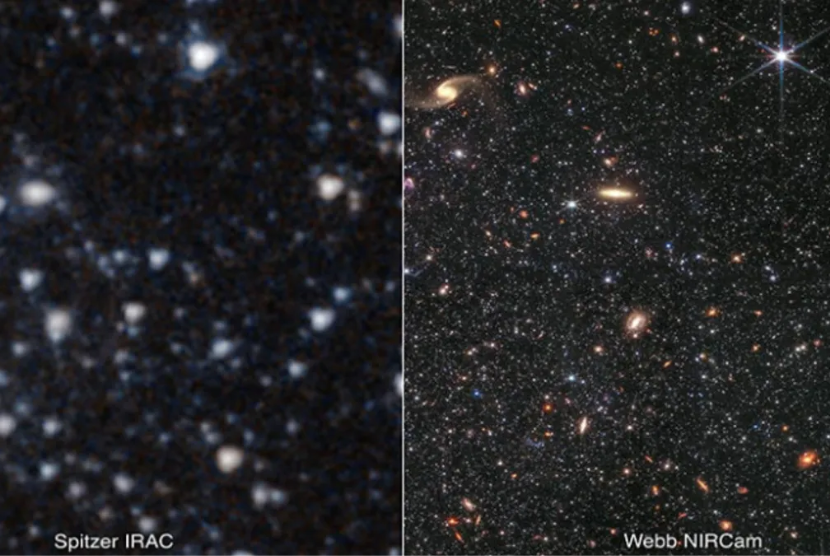 Wolf–Lundmark–Melotte seperti yang terlihat oleh Teleskop Luar Angkasa Spitzer (kiri) pemandangan galaksi yang lebih baik yang terlihat oleh Teleskop Luar Angkasa James Webb (kanan).