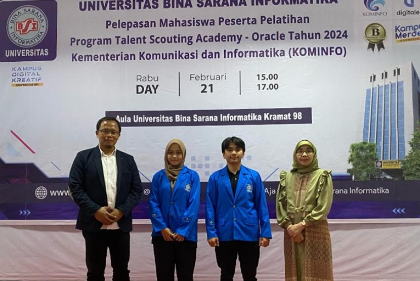 Universitas BSI (Bina Sarana Informatika) sukses melaksanakan kegiatan Pelepasan Mahasiswa Peserta Pelatihan Program Talent Scouting Academy-Oracle Kominfo Tahun 2024 secara hybrid, pada Rabu (21/2/2024).