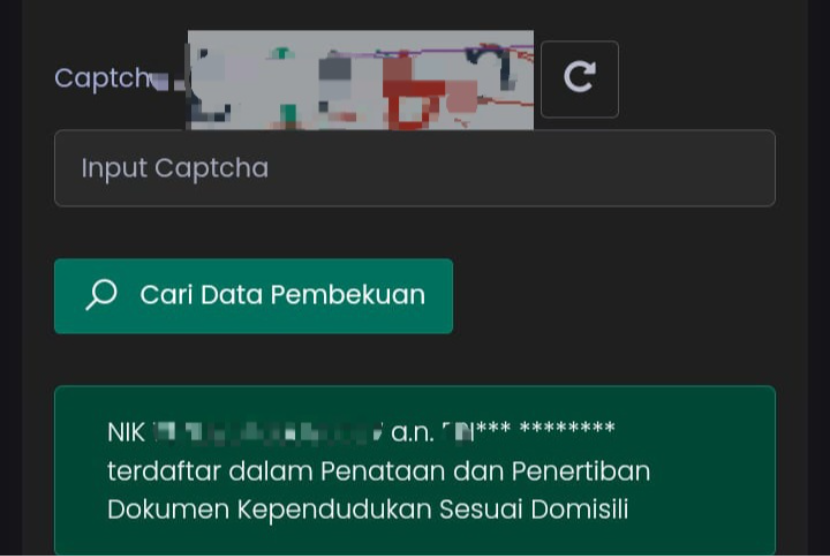 Tangkapan layar pengecekan NIK warga DKI Jakarta yang dibekukan