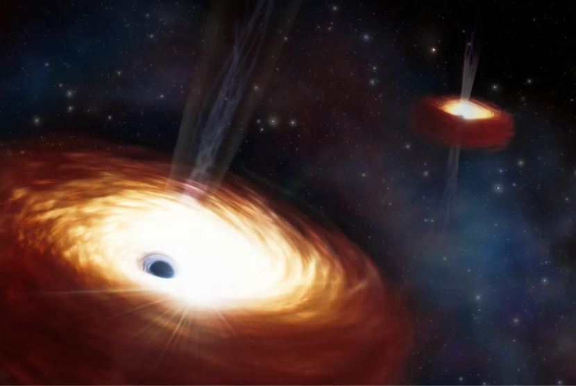 Ilustrasi dua lubang hitam supermasif.