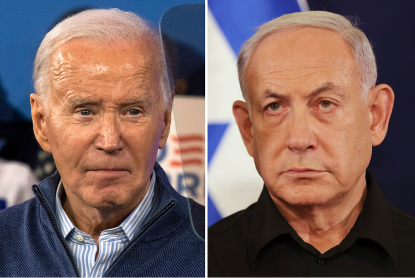 Foto kombinasi ini menunjukkan Presiden Joe Biden, kiri, pada 8 Maret 2024, di Wallingford, Pa., dan Perdana Menteri Israel Benjamin Netanyahu di Tel Aviv, Israel, 28 Oktober 2023.