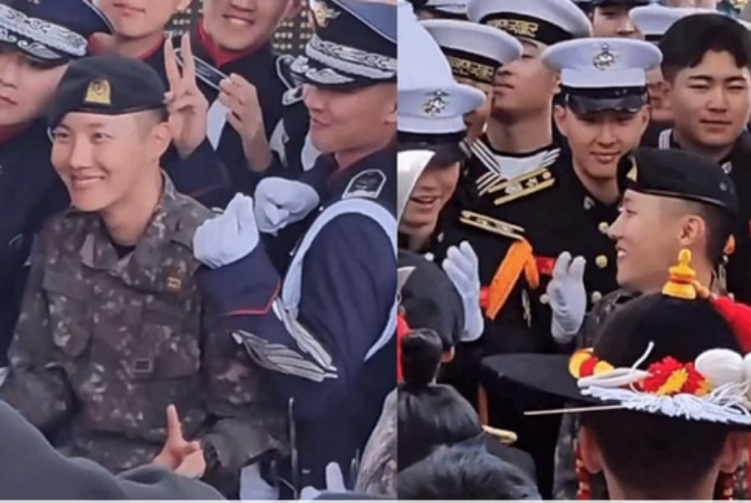 Personel BTS, J-Hope, terlihat dikerumuni personel band militer Korsel yang ingin berfoto bersama.