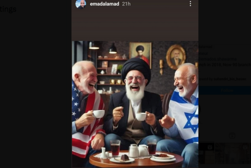 Owner Emados Shawarma, Emad Al Amad, mengunggah meme kemesraan Israel, Iran, dan AS di Instagram Story.