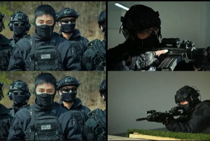 Deretan foto yang dibagikan warganet di media sosial memperlihatkan V BTS dalam seragam militer. V BTS terlibat dalam video promosi militer Korea Selatan.