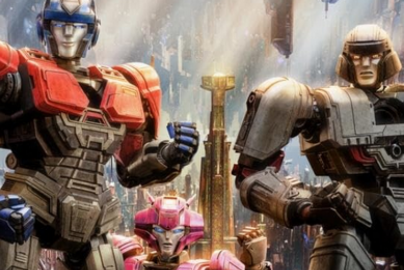 Poster film Transformers One. Film ini menampilkan suara Chris Hemsworth dan Brian Tyree Henry sebagai Orion Pax (Optimus Prime) dan D-16 (Megatron).