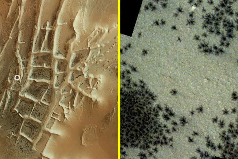 Formasi Kota Inca di Mars (kiri) dipenuhi dengan gundukan 
