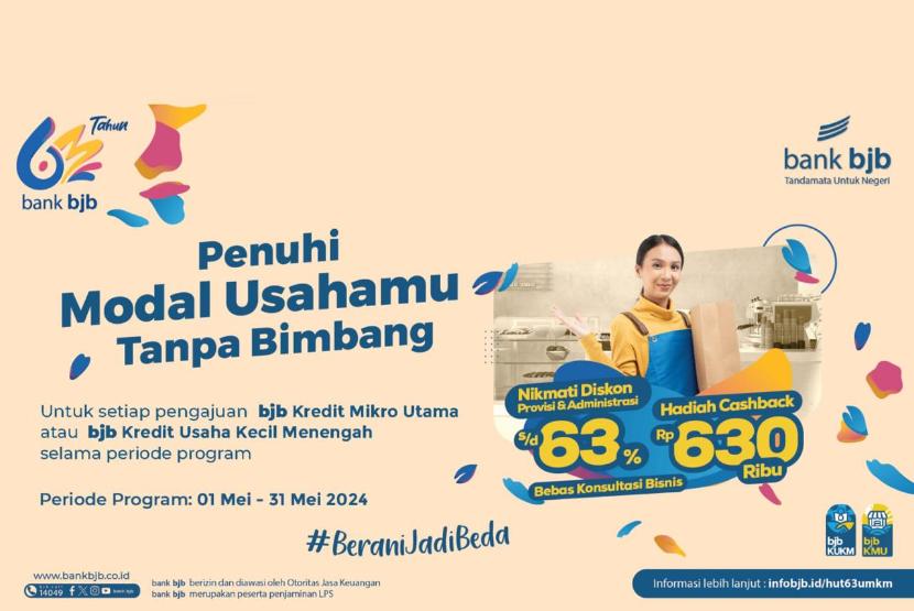 Menyambut momen ulang tahun ke-63, bank bjb kali ini menghadirkan berbagai promo menarik untuk mendukung Usaha Mikro, Kecil, dan Menengah (UMKM) di Indonesia.