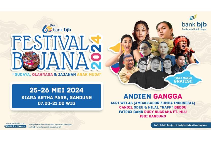 Bank bjb turut mendukung Festival Bojana 2024, yang dikenal sebagai Festival Budaya, Olahraga, dan Jajanan Anak Muda, di Kiara Artha Park Bandung pada 25-26 Mei 2024.