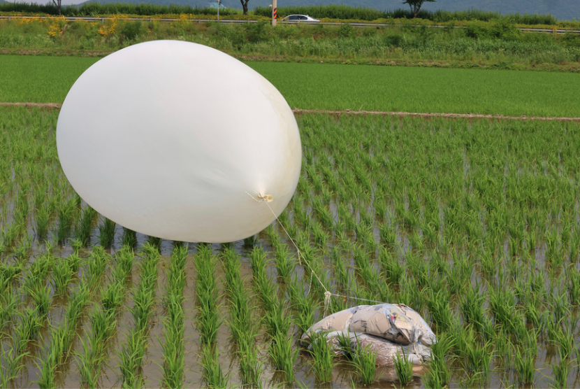 Sebuah balon yang diduga dikirim oleh Korea Utara, terlihat di sawah di Incheon, Korea Selatan, Senin, 10 Juni 2024.
