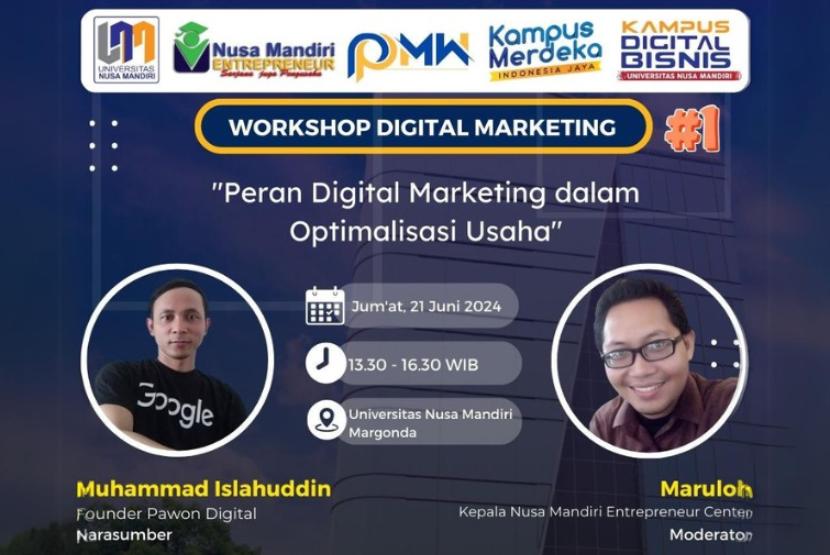 Nusa Mandiri Entrepreneur Center (NEC) kembali akan mengadakan workshop digital marketing dalam rangka mendukung bisnis mahasiswa dan melakukan pembinaan terhadap bisnis mahasiswa, khususnya mahasiswa Universitas Nusa Mandri.