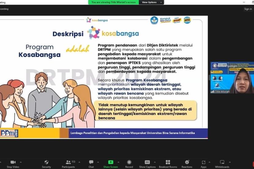 Dalam rangka meningkatkan pemahaman dan partisipasi dosen dalam program Kosabangsa (Kolaborasi Sosial Membangun Masyarakat), Lembaga Penelitian dan Pengabdian kepada Masyarakat (LPPM) Universitas BSI (Bina Sarana Informatika) mengadakan sosialisasi Kosabangsa Tahun 2024. 