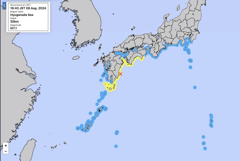 Lokasi perintatan tsunami di Jepang pada Kamis (8/8/2024).