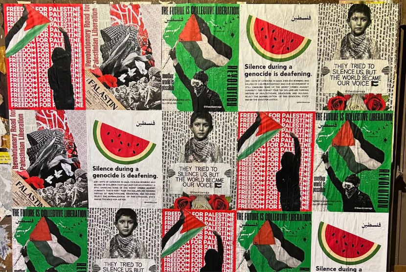 Poster pro-Palestina yang ditempel di berbagai tempat di Chicago, Illinois, Amerika Serikat.