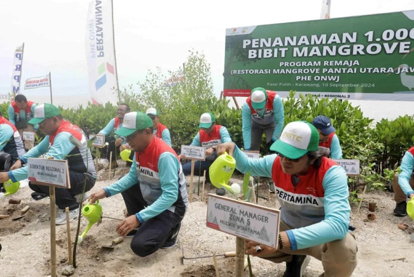 PHE ONWJ menanam bibit pohon mangrove di bibir Pantai Pasir Putih, Karawang, Jawa Barat.