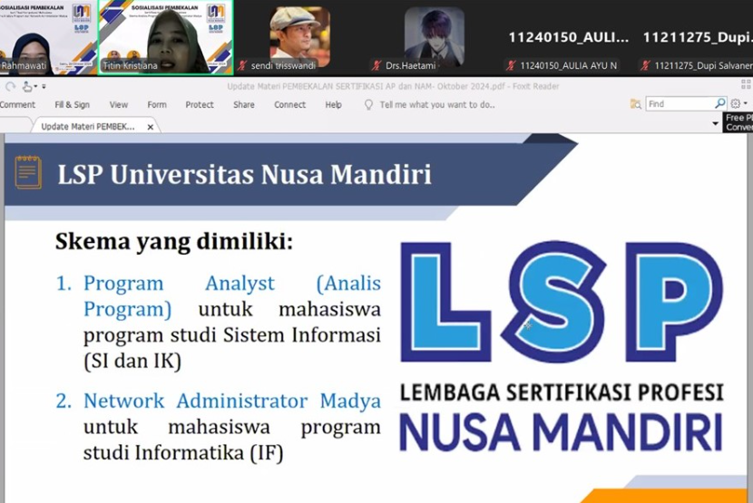 Untuk meningkatkan keterampilan dan daya saing mahasiswa di bidang Teknologi Informasi, LSP (Lembaga Sertifikasi Profesi) Universitas Nusa Mandiri (UNM) bekerja sama dengan Fakultas Teknologi Informasi (FTI) UNM menyelenggarakan program Pembekalan Sertifikasi Kompetensi yang berlangsung pada Sabtu 26 Oktober 2024.