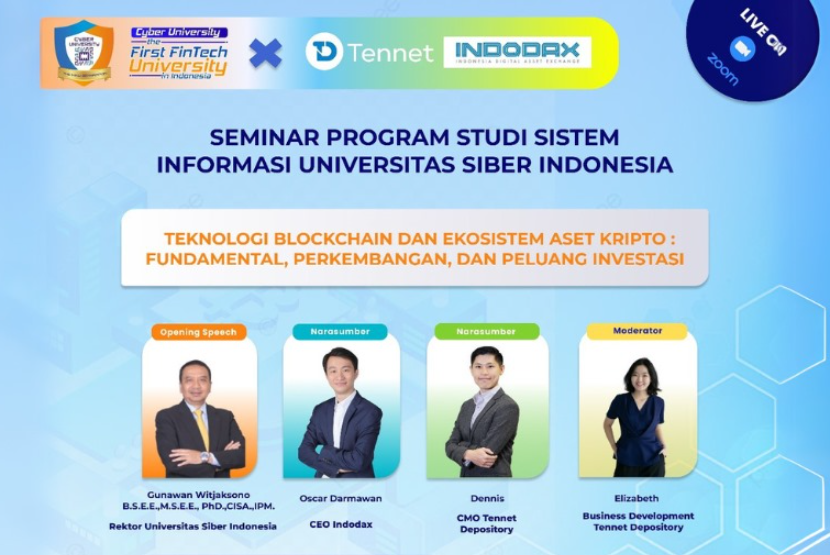 Program Studi (Prodi) Sistem Informasi Cyber University akan mengahadirkan seminar bertajuk Teknologi Blockchain dan Ekosistem Aset Kripto: Fundamental, Perkembangan, dan Peluang Investasi.