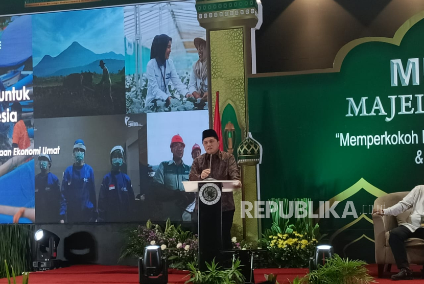 Menteri BUMN Erick Thohir saat memberikan pidato di Mukernas IV Majelis Ulama Indonesia (MUI) di Jakarta, Selasa  (17/12/2024).