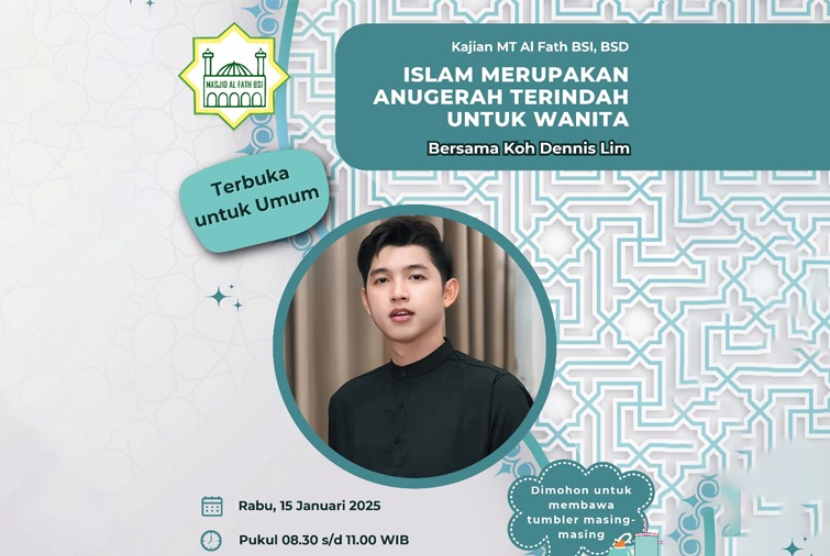 Sebuah kajian penuh makna bakal digelar di Masjid Al-Fath, Universitas Bina Sarana Informatika (UBSI) Kampus BSD, Rabu, 15 Januari 2025 mendatang.