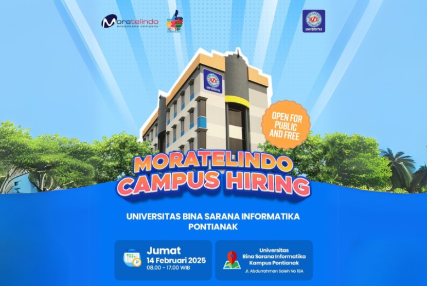 Universitas BSI (Bina Sarana Informatika) kampus Pontianak, bekerja sama dengan PT Mora Telematika Indonesia Tbk (Moratelindo), dengan bangga mengumumkan penyelenggaraan Campus Recruitment yang akan berlangsung pada Jumat, 14 Februari 2025, di kampus UBSI kampus Pontianak.